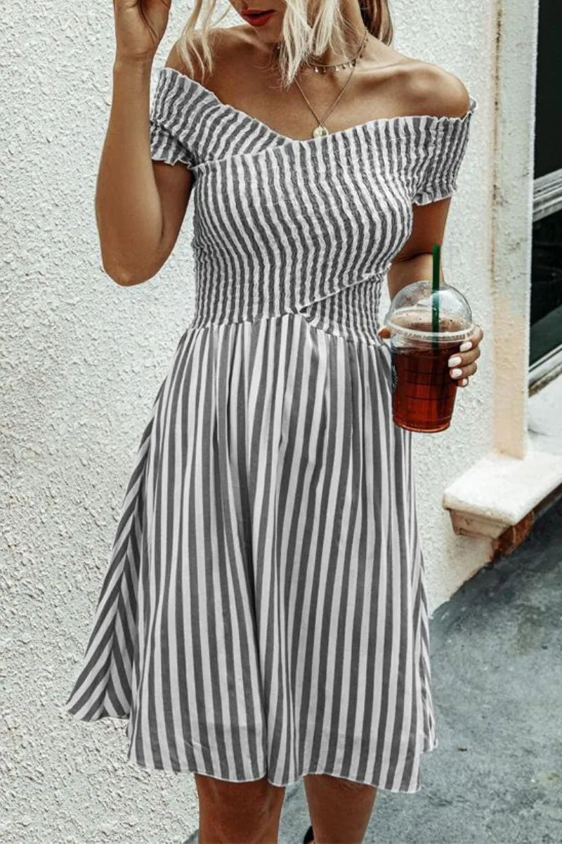 Smocked Chest Bardot Trendy Stripe Print Mini Dress