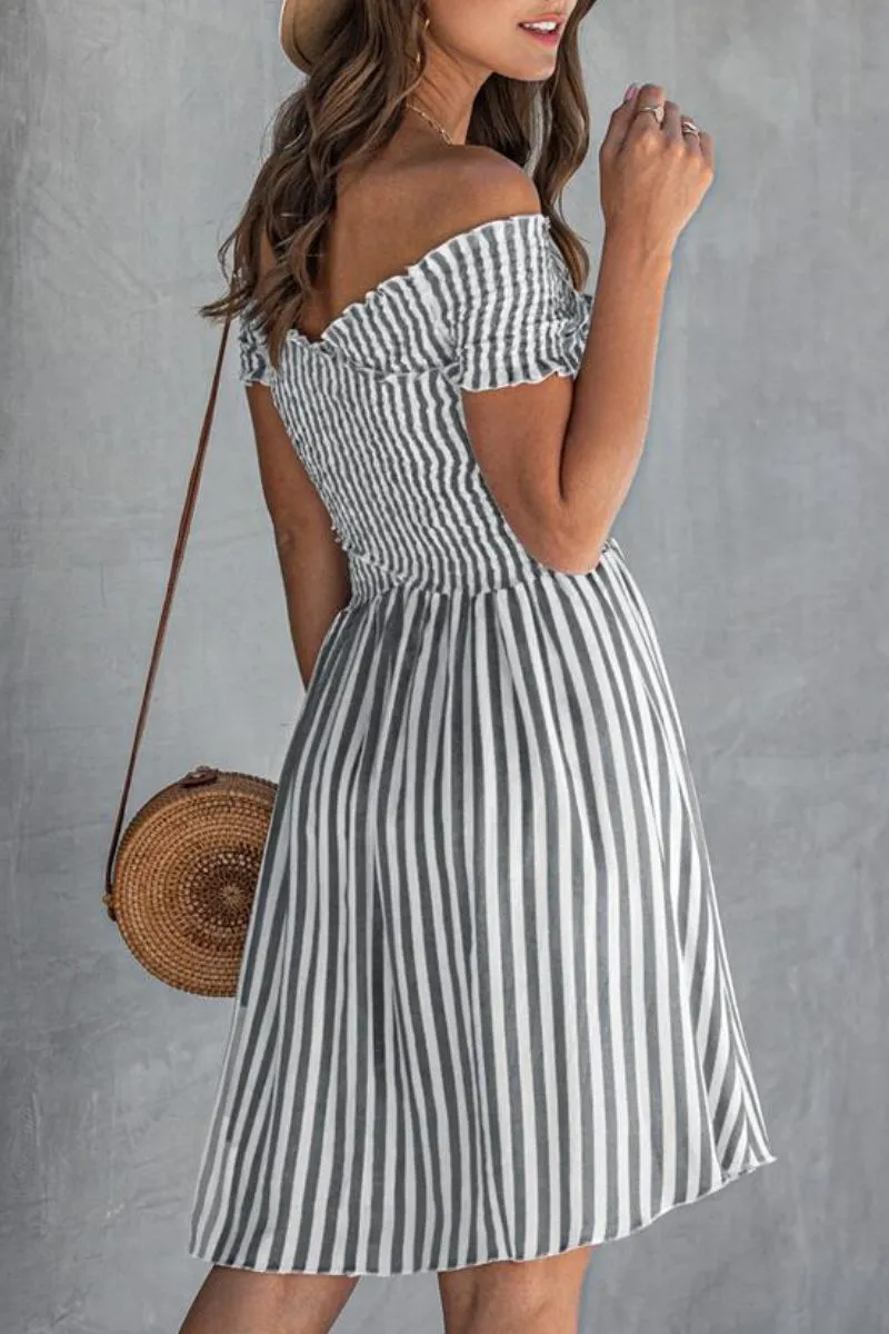 Smocked Chest Bardot Trendy Stripe Print Mini Dress