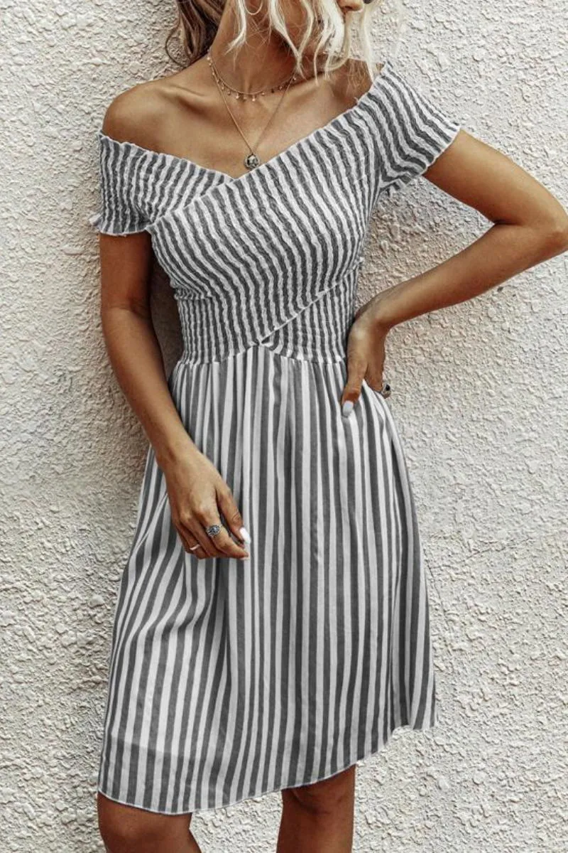 Smocked Chest Bardot Trendy Stripe Print Mini Dress