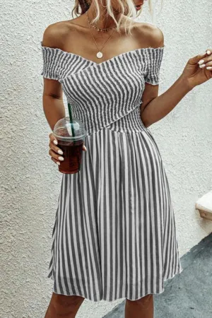 Smocked Chest Bardot Trendy Stripe Print Mini Dress
