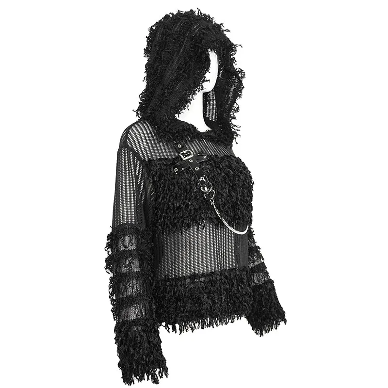SR014 Plush patchwork hooded cross short sweater