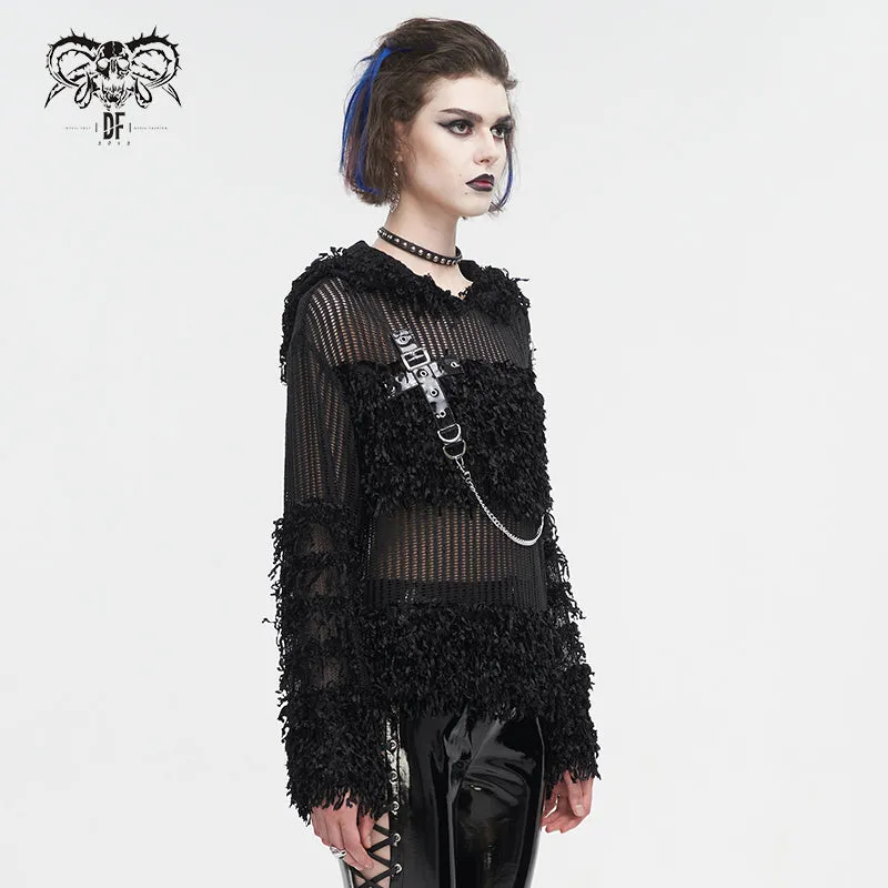 SR014 Plush patchwork hooded cross short sweater