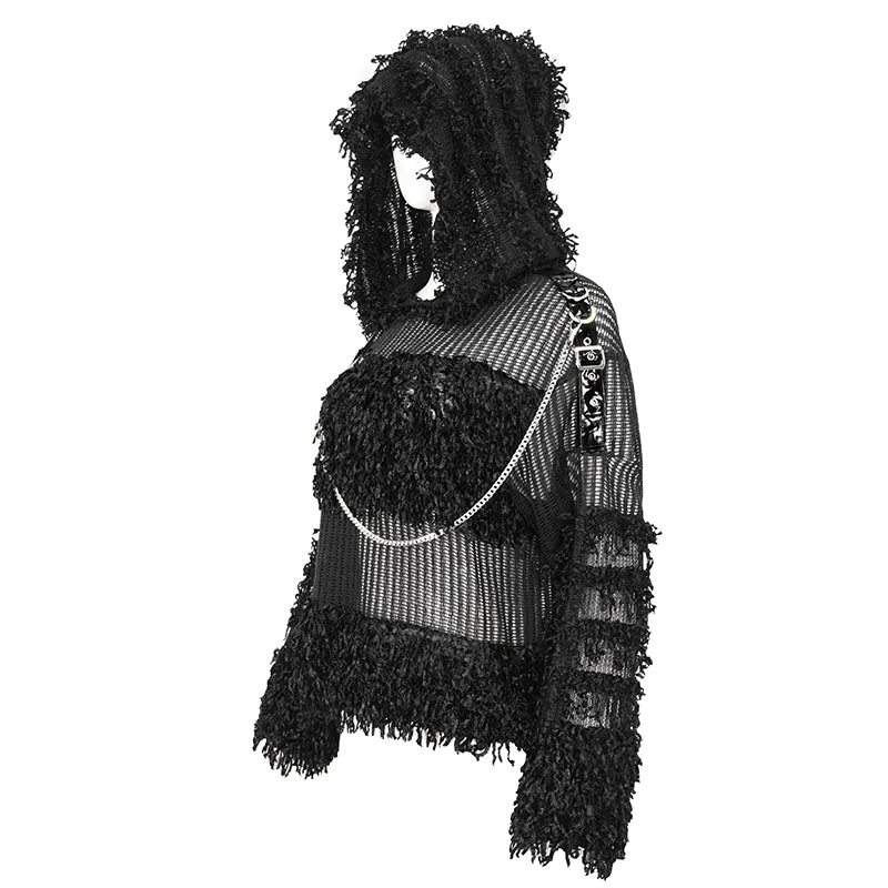 SR014 Plush patchwork hooded cross short sweater