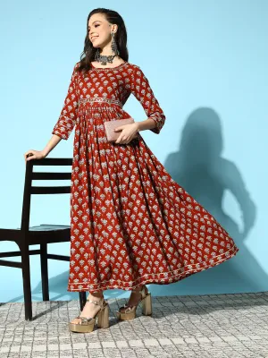 Sunehri Women's Cotton Maroon Embellished Anarkali Belted Dress
