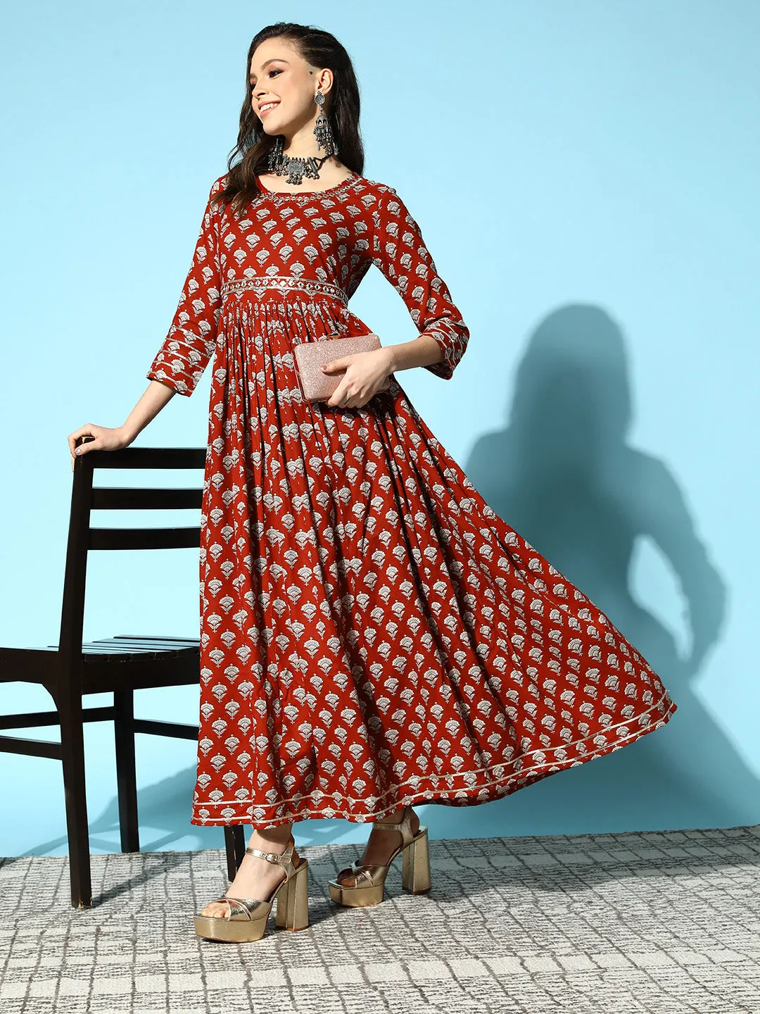 Sunehri Women's Cotton Maroon Embellished Anarkali Belted Dress