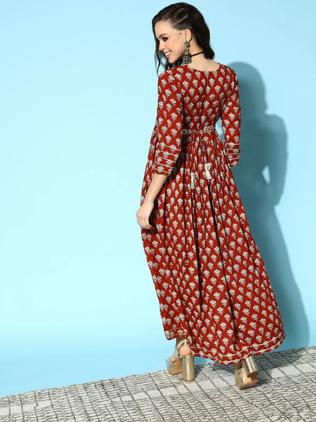 Sunehri Women's Cotton Maroon Embellished Anarkali Belted Dress