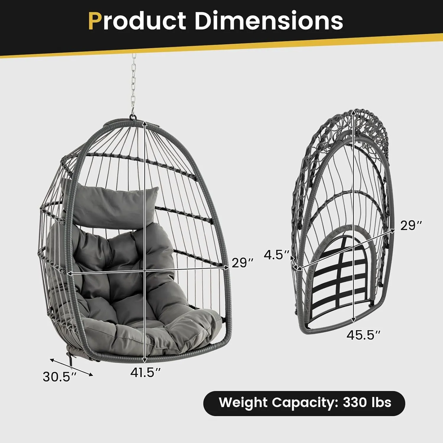 Tangkula Hanging Egg Chair, Foldable Wicker Hammock Chair with Removable Seat Cushion (Without Stand) (Gray)