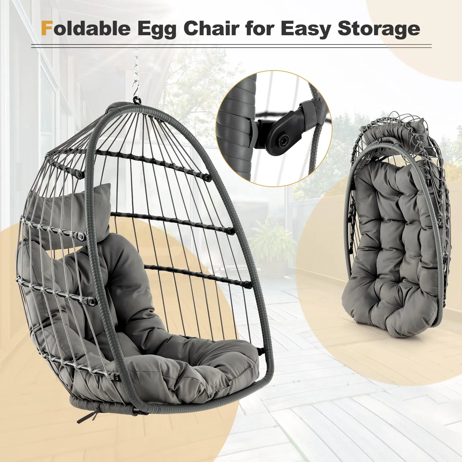 Tangkula Hanging Egg Chair, Foldable Wicker Hammock Chair with Removable Seat Cushion (Without Stand) (Gray)