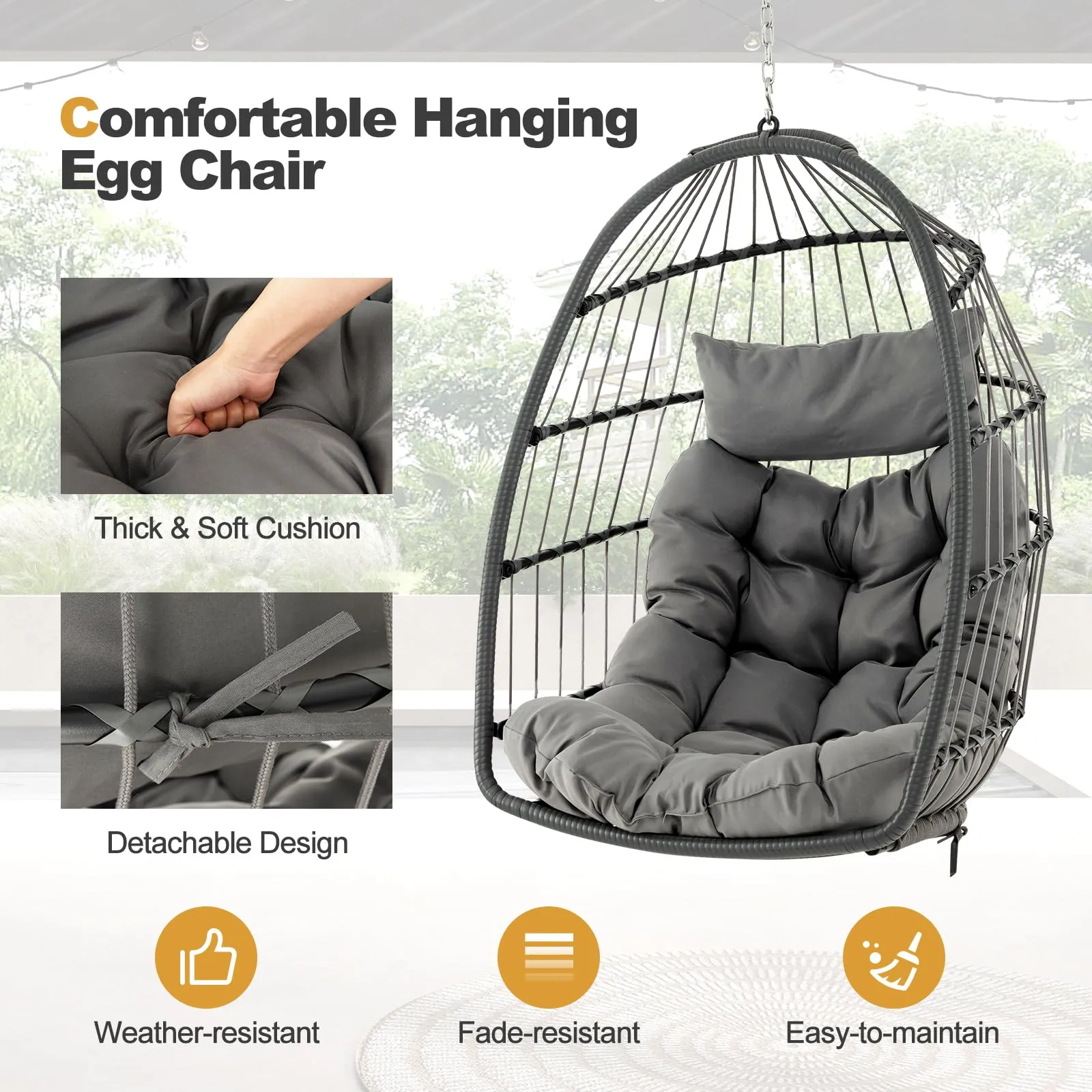 Tangkula Hanging Egg Chair, Foldable Wicker Hammock Chair with Removable Seat Cushion (Without Stand) (Gray)