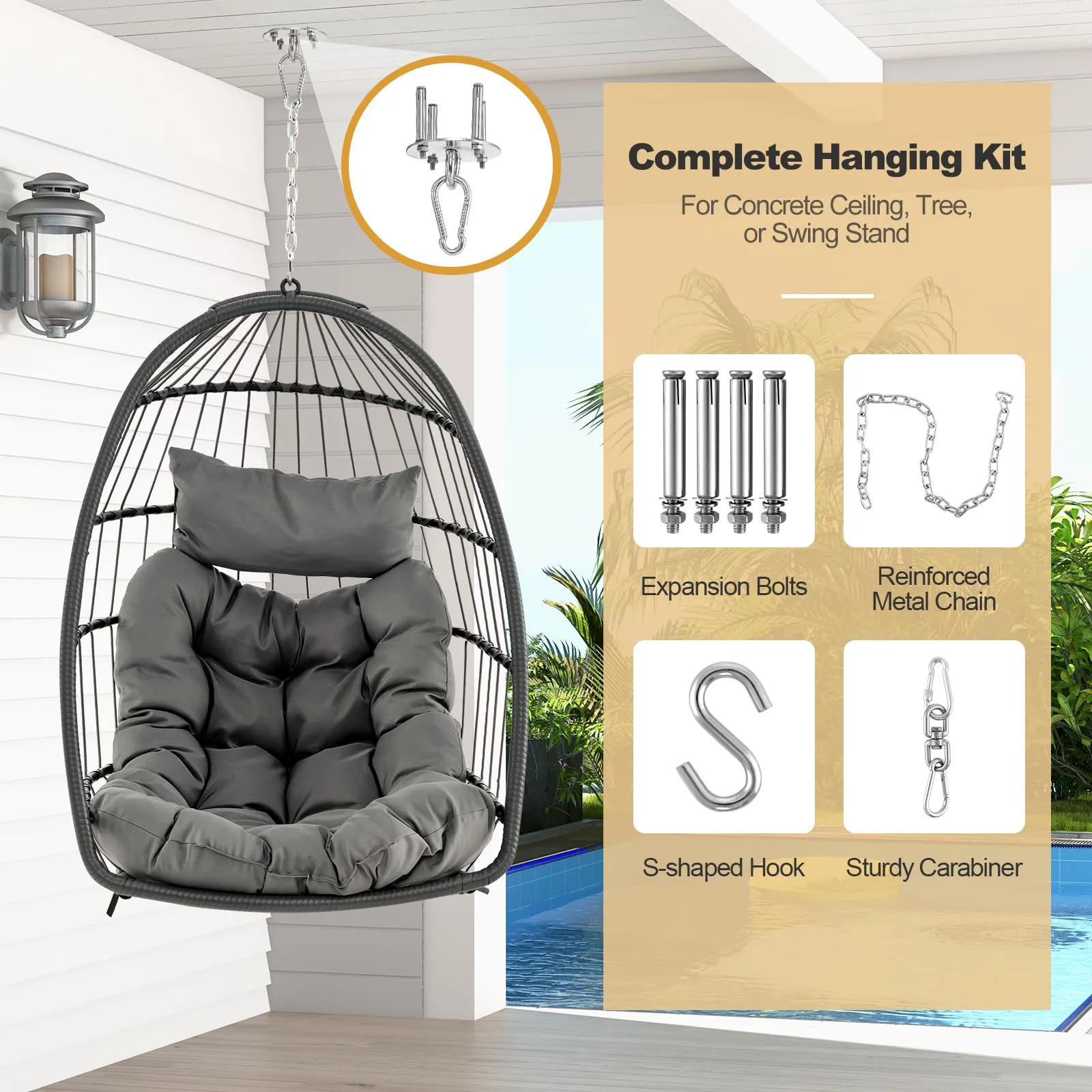 Tangkula Hanging Egg Chair, Foldable Wicker Hammock Chair with Removable Seat Cushion (Without Stand) (Gray)