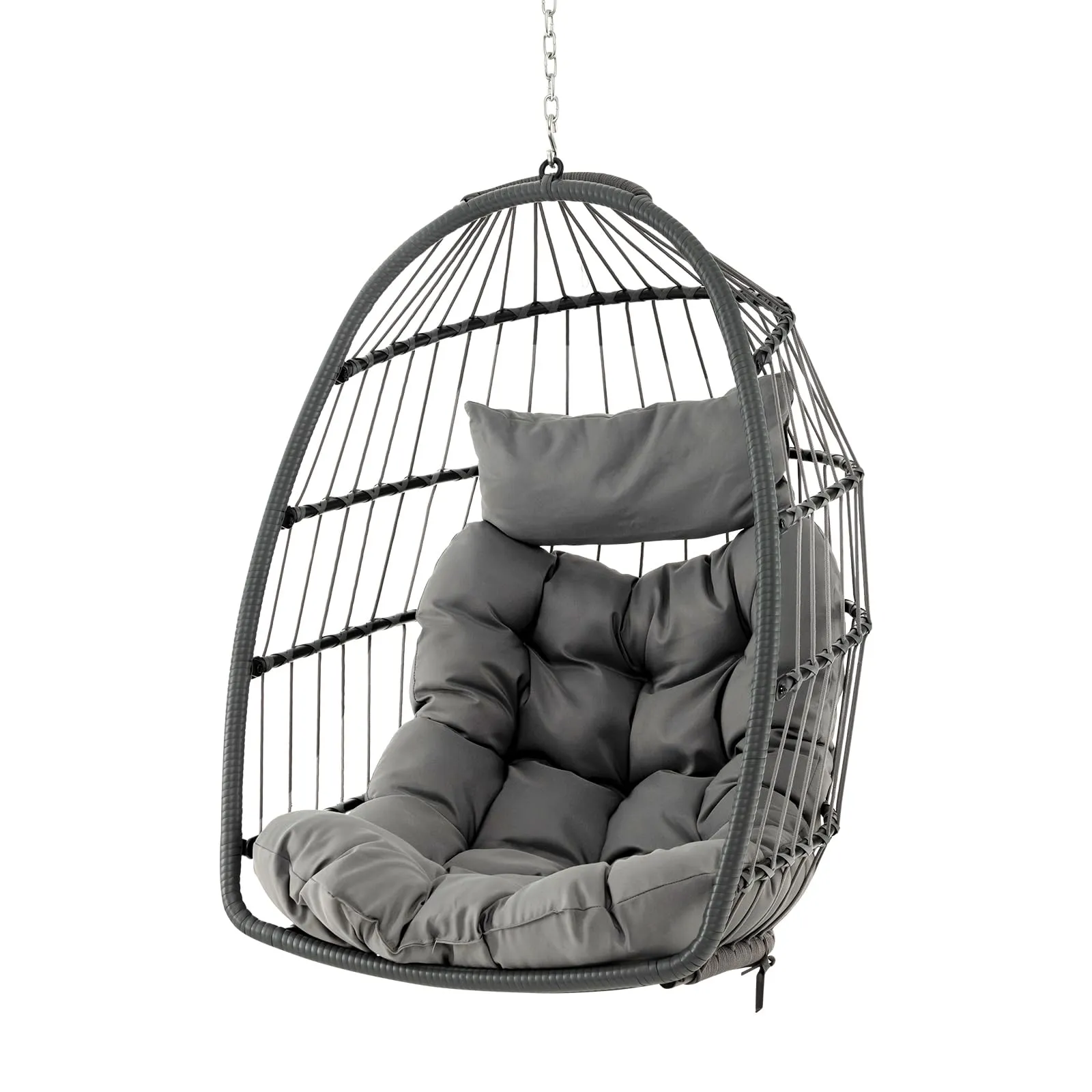 Tangkula Hanging Egg Chair, Foldable Wicker Hammock Chair with Removable Seat Cushion (Without Stand) (Gray)