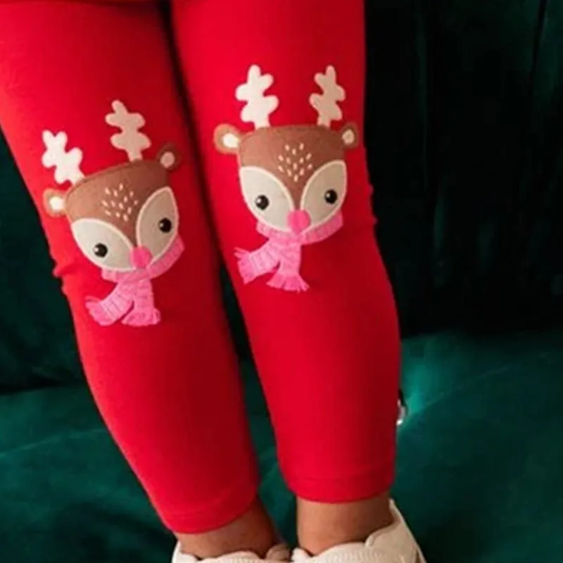 Toddler/Kid Girls Cartoon Deer Design Red Leggings