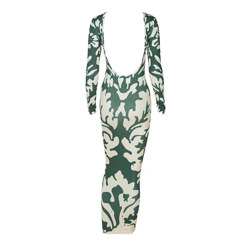 Trendy Long Sleeve Camo Print Maxi Dress - Green