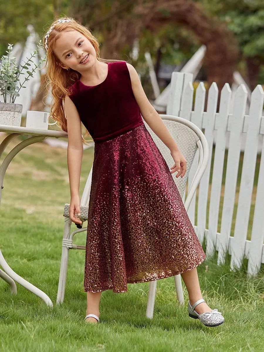 Trendy O-Neck Sleeveless Velvet & Sequin Flower Girl Dress