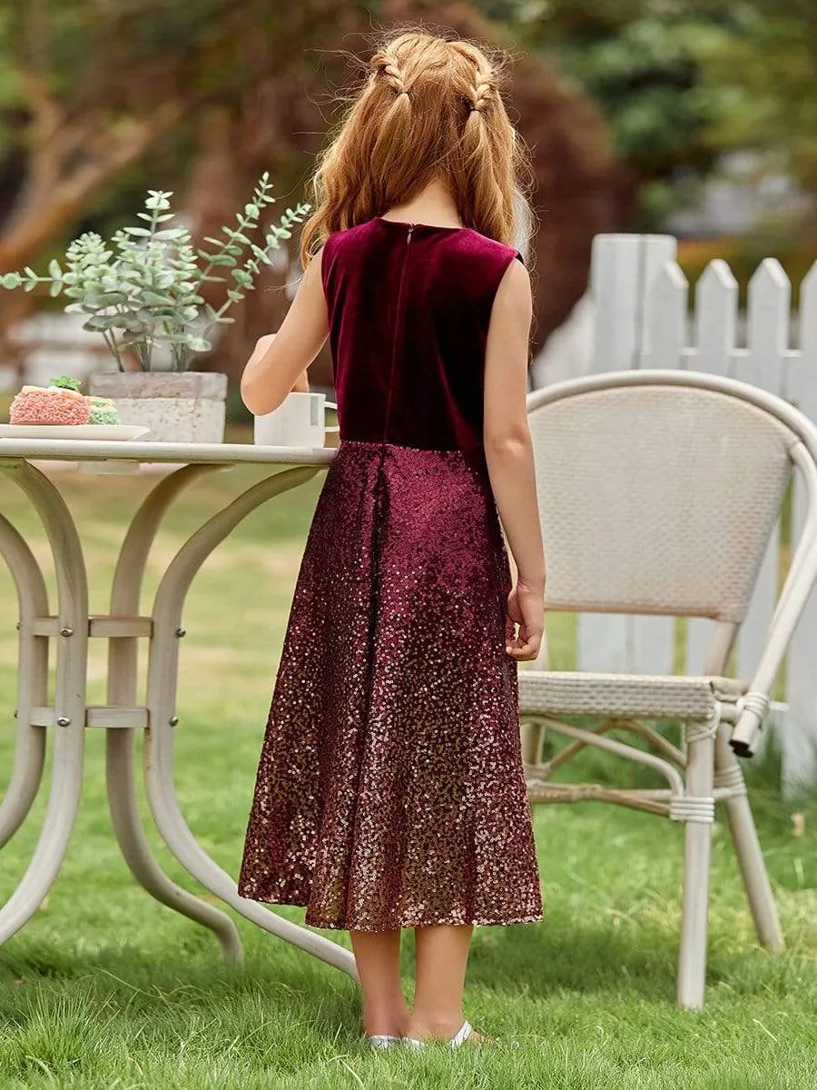 Trendy O-Neck Sleeveless Velvet & Sequin Flower Girl Dress