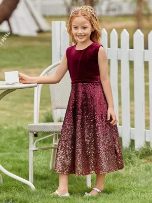 Trendy O-Neck Sleeveless Velvet & Sequin Flower Girl Dress