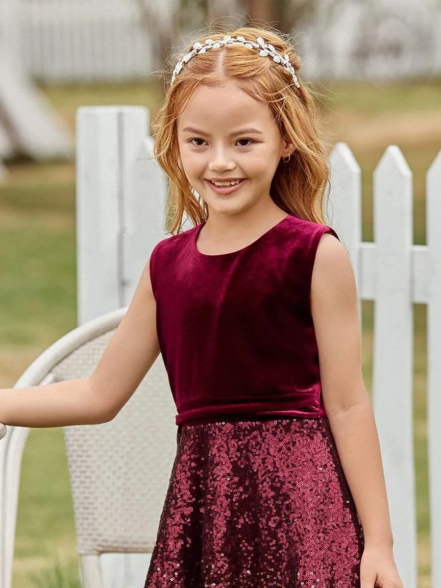 Trendy O-Neck Sleeveless Velvet & Sequin Flower Girl Dress