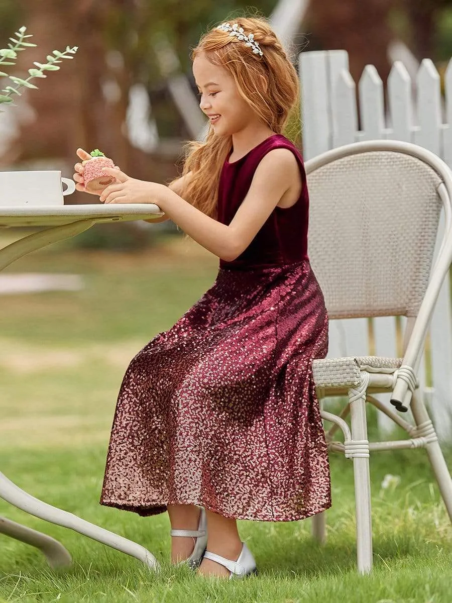 Trendy O-Neck Sleeveless Velvet & Sequin Flower Girl Dress