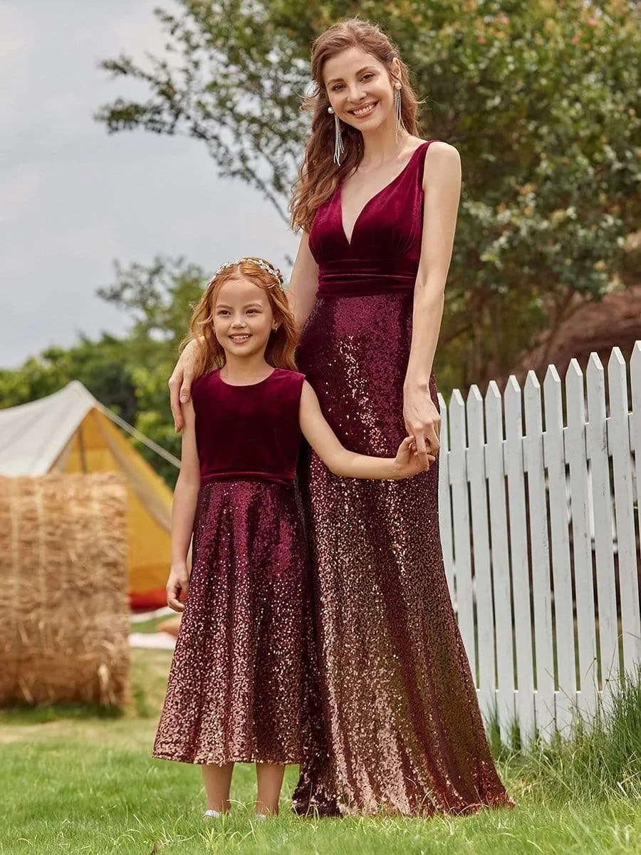 Trendy O-Neck Sleeveless Velvet & Sequin Flower Girl Dress