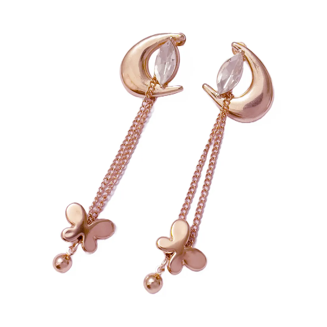 Trendy Rose Gold-Toned Crystal Diamante Moon & Butterfly Drop Earrings