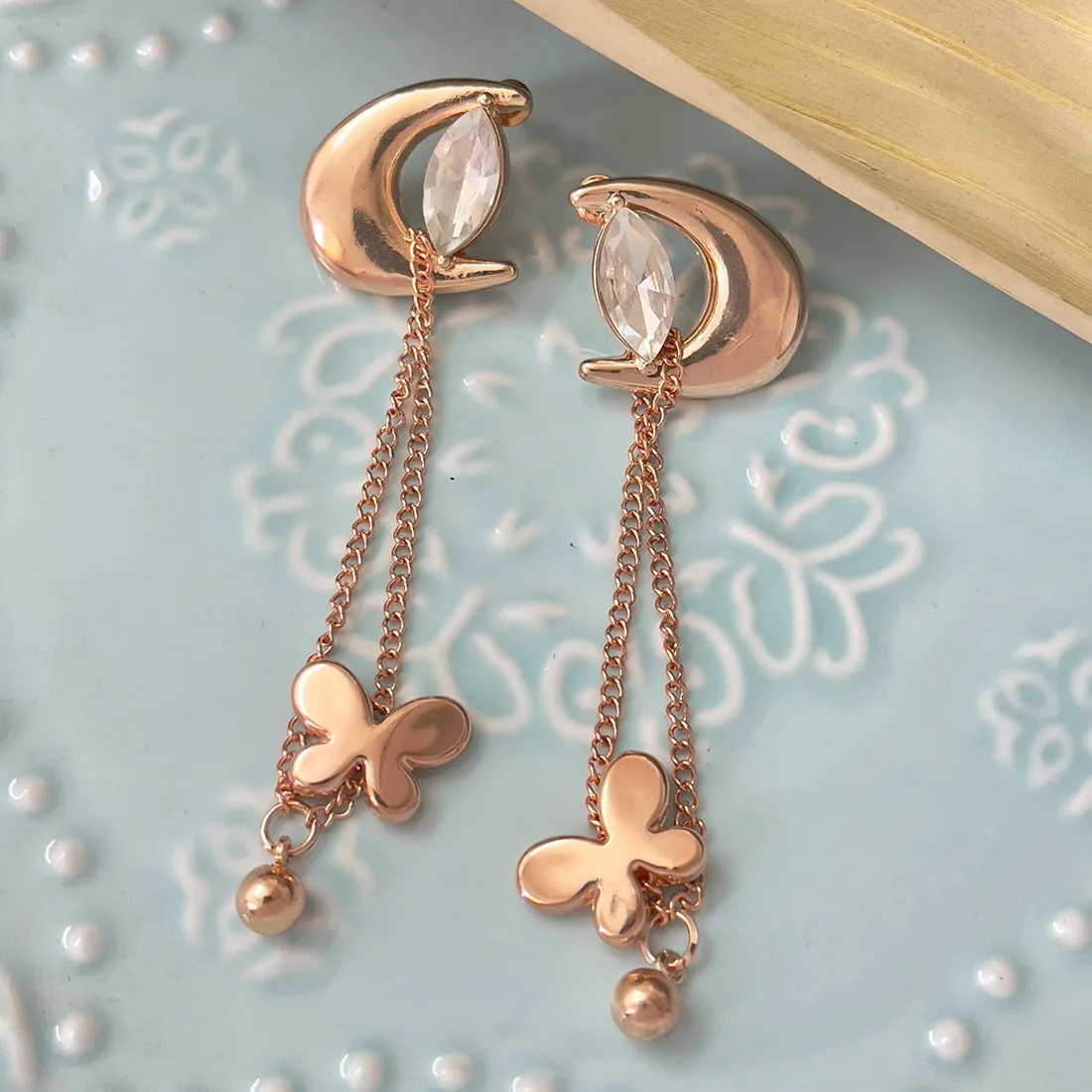 Trendy Rose Gold-Toned Crystal Diamante Moon & Butterfly Drop Earrings