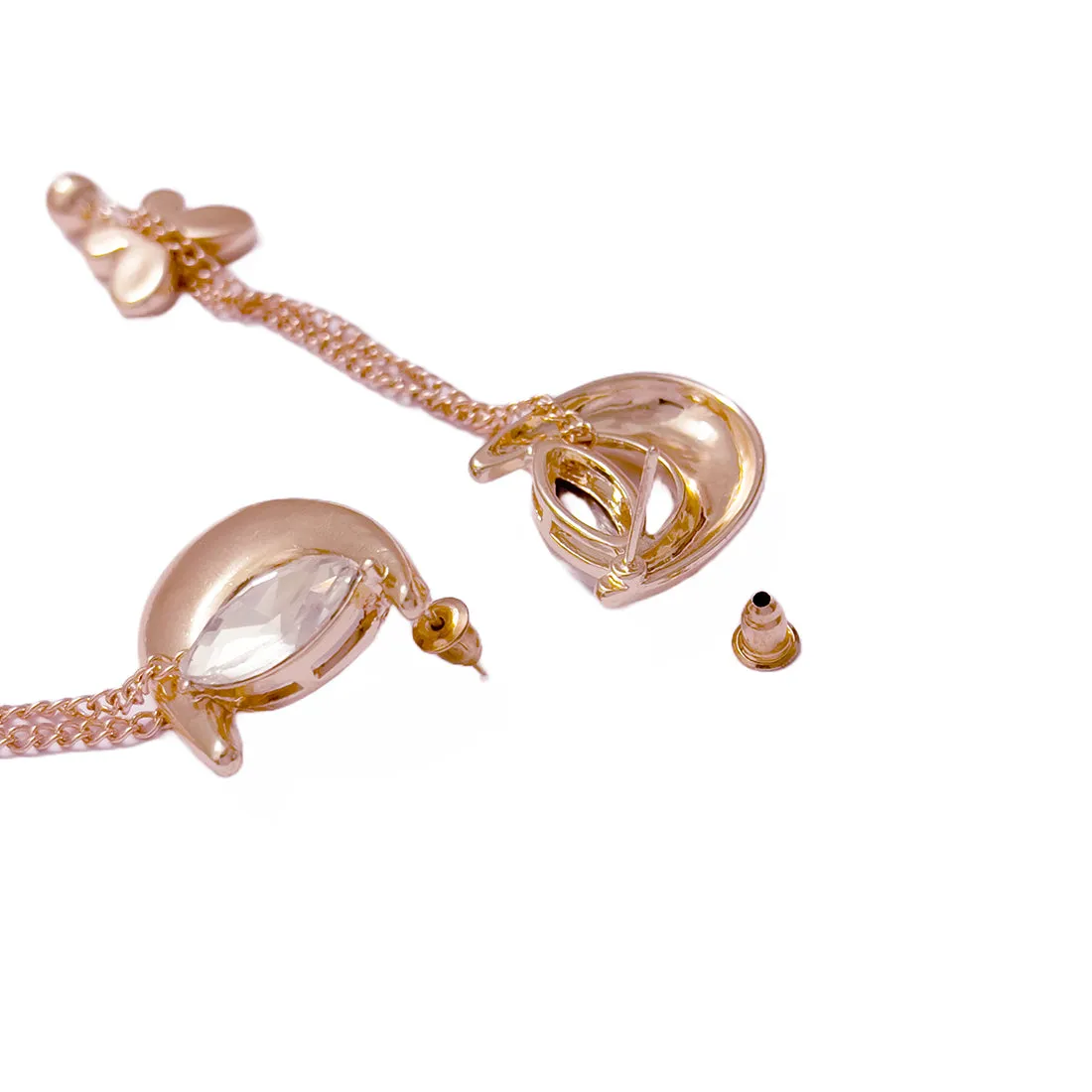 Trendy Rose Gold-Toned Crystal Diamante Moon & Butterfly Drop Earrings