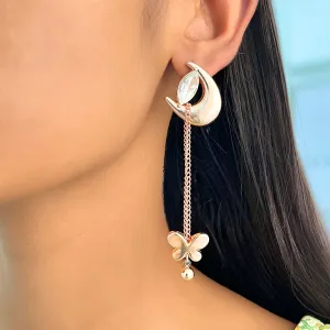 Trendy Rose Gold-Toned Crystal Diamante Moon & Butterfly Drop Earrings