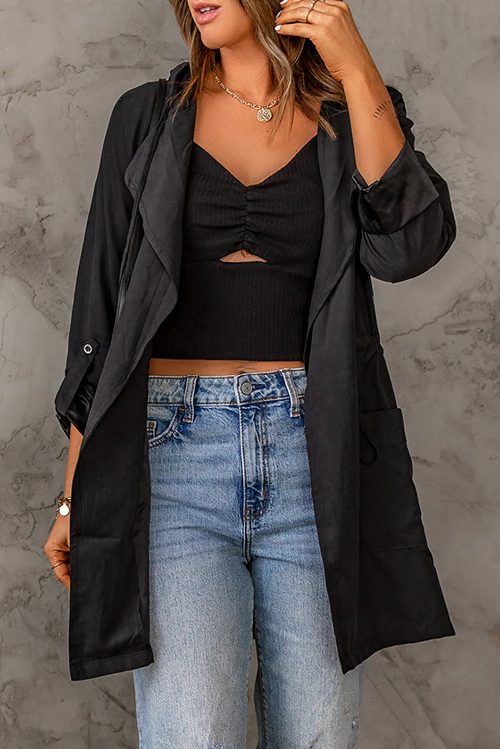 Turndown Collar Hooded Outerwear