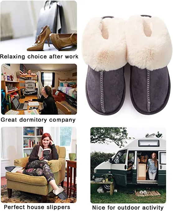 Women Memory Foam Fluffy Soft Warm Slip On House Slippers Anti-Skid Cozy Plush for Indoor Outdoor