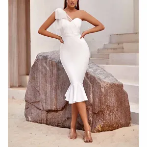 Women White One Shoulder Knitted Bodycon Party dress