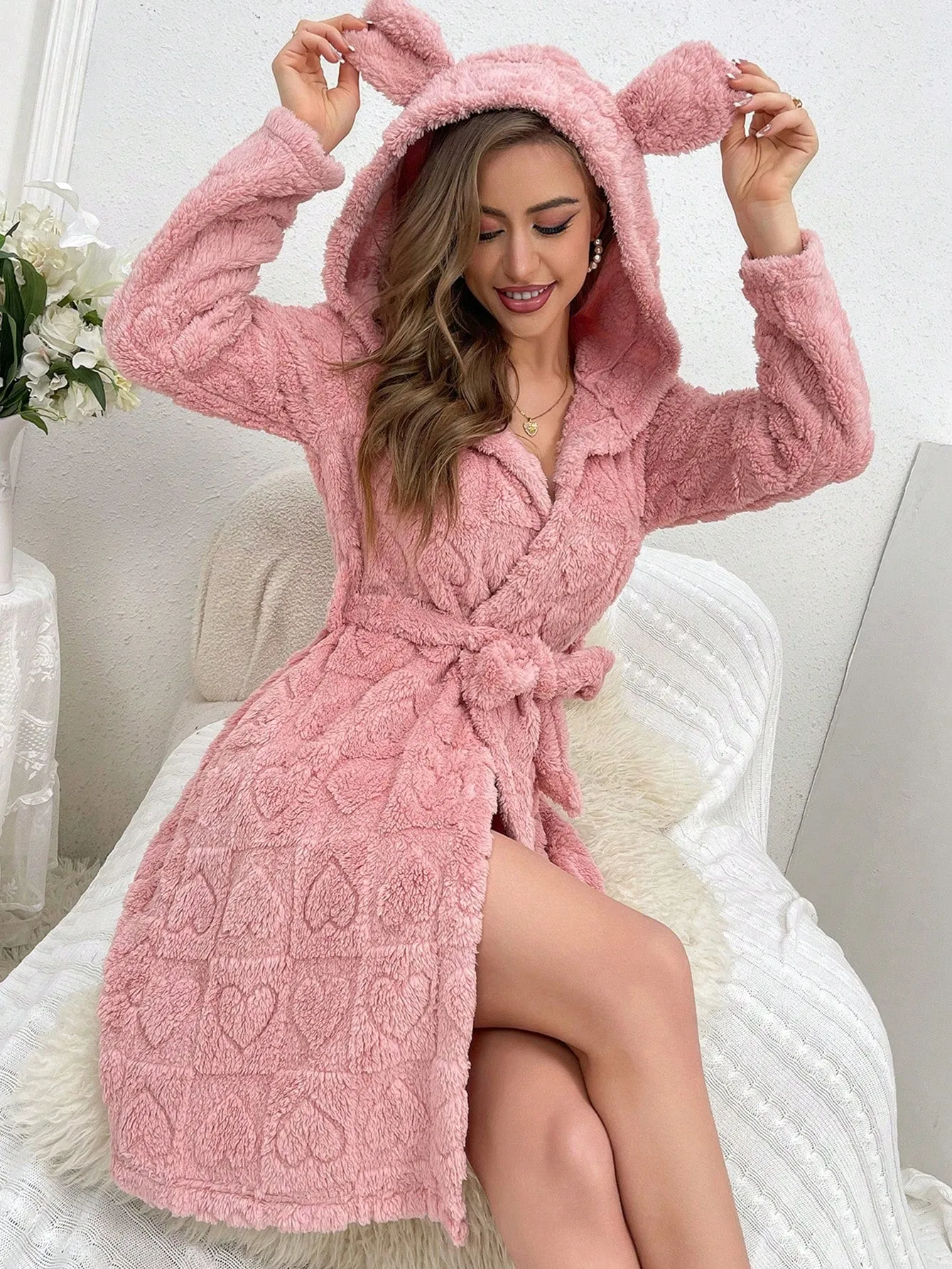 Women's 3d Ear Hooded Plush Robe