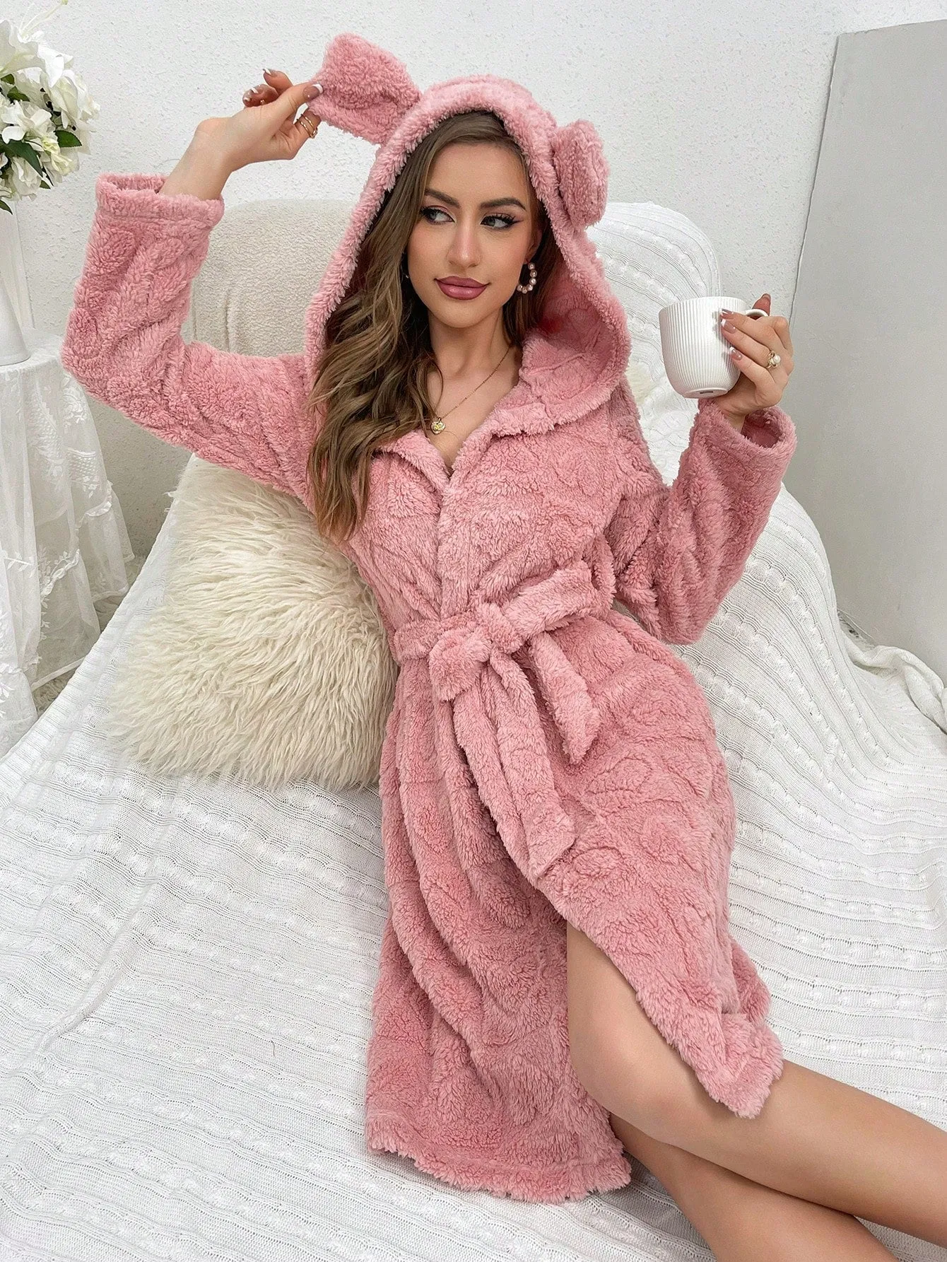 Women's 3d Ear Hooded Plush Robe