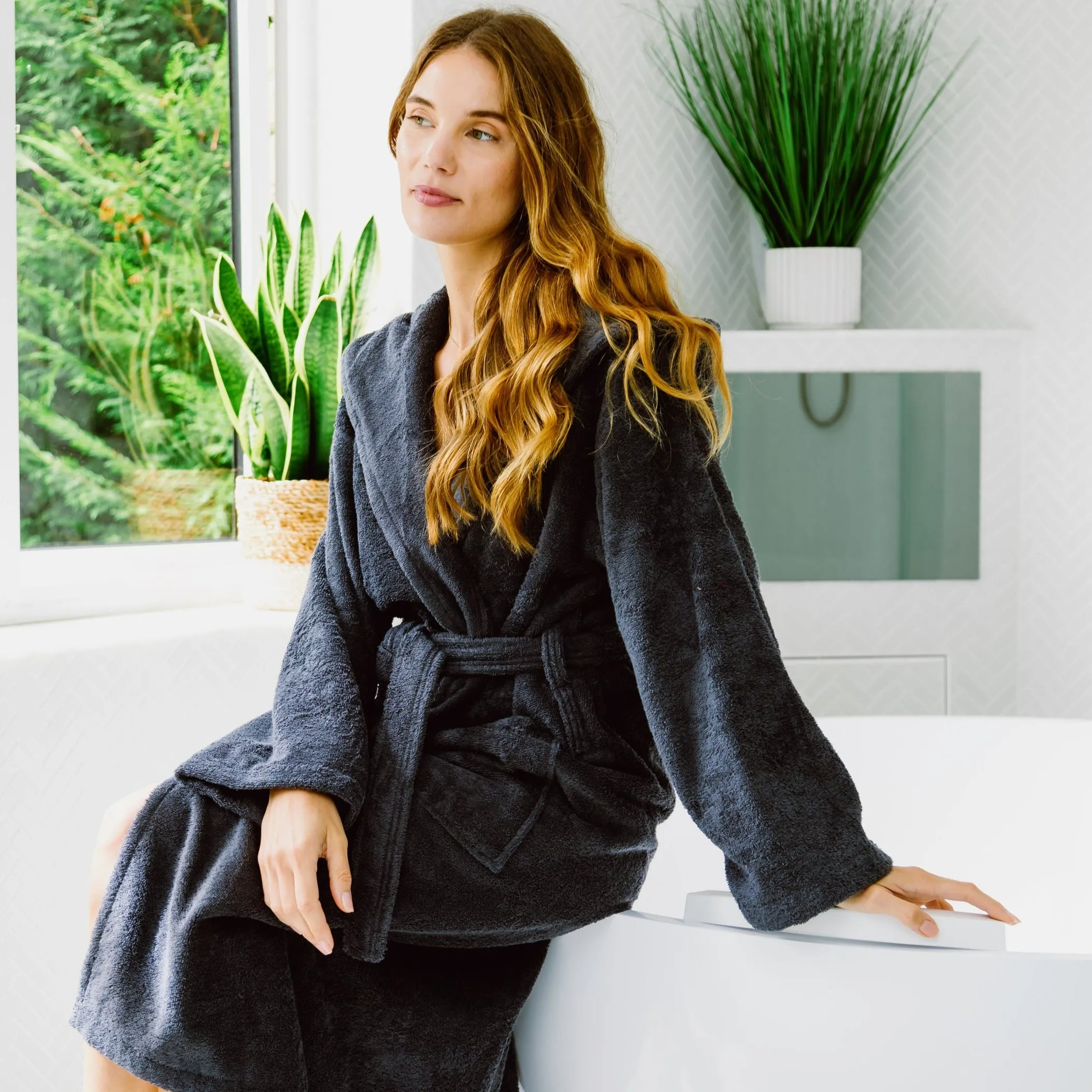 Women's Hooded Towelling Bathrobe - Dark Gray